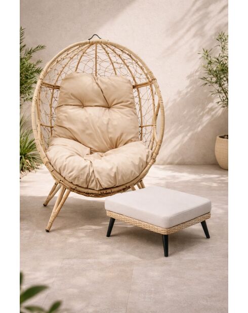 Ensemble d'extérieur : fauteuil suspendu effet rotin et repose-pieds avec coussin Rimouski beige - 2 pièces
