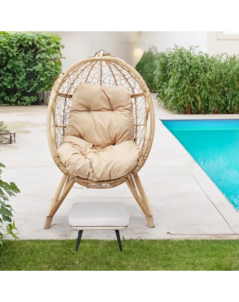 Ensemble d'extérieur : fauteuil suspendu effet rotin et repose-pieds avec coussin Rimouski beige - 2 pièces
