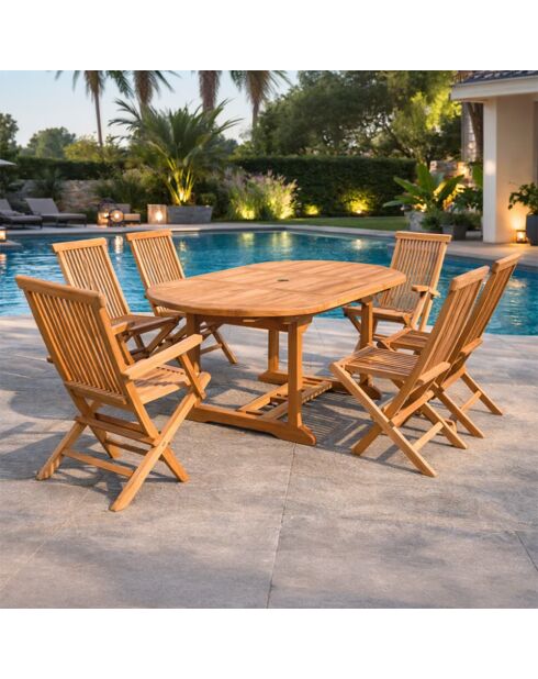Table de jardin ovale avec 4 chaises et 2 fauteuils en teck Lireno marron - 7 pièces