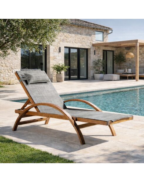 Transat en bois et toile en PVC Valia gris olive - 195x75x95 cm