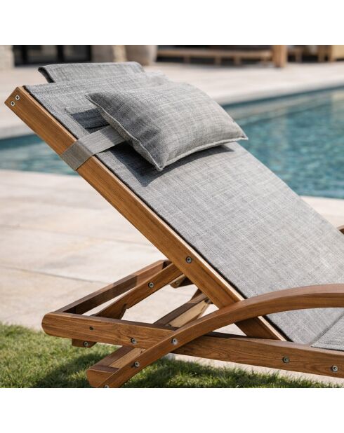 Transat en bois et toile en PVC Valia gris olive - 195x75x95 cm