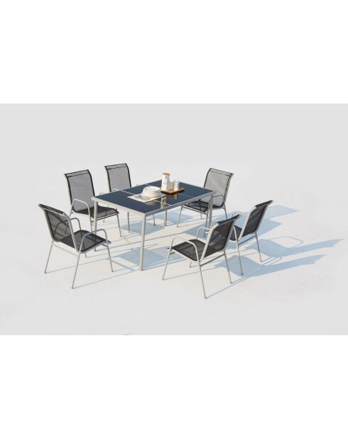 Table de jardin et 6 chaises en acier et toile PVC Wileva gris - 150x90x72 cm