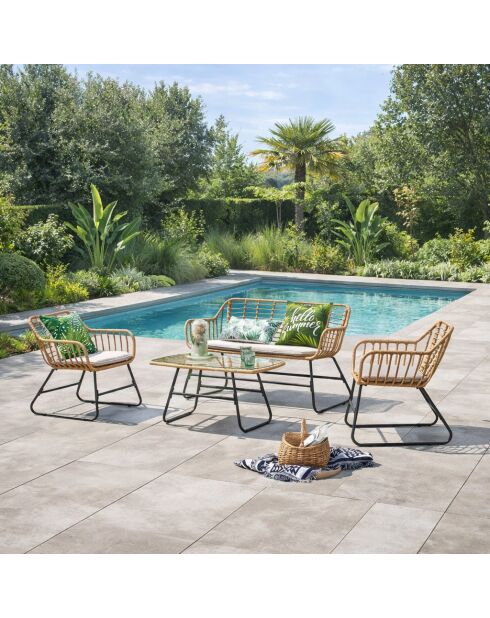 Salon de jardin 4 places en rotin et acier Ulina beige et noir - 4 pièces