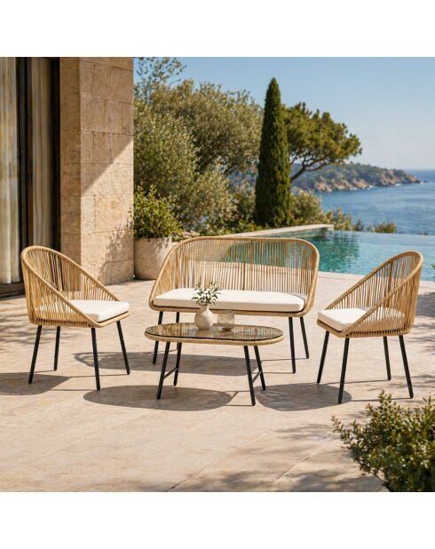 Salon de jardin 4 places avec table basse effet rotin Ravel naturel - 4 pièces