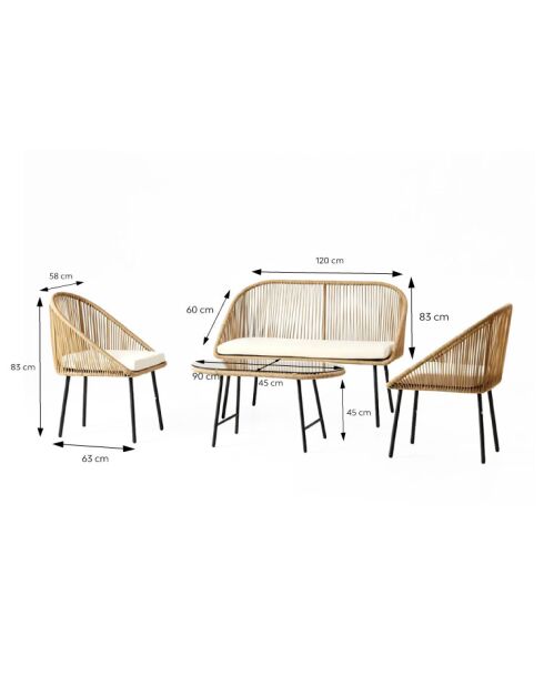 Salon de jardin 4 places avec table basse effet rotin Ravel naturel - 4 pièces