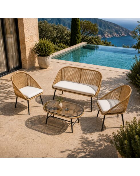 Salon de jardin 4 places avec table basse effet rotin Ravel naturel - 4 pièces
