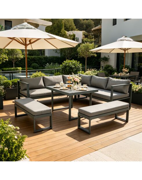 Salon de jardin 7/9 places Limone gris foncé avec canapé et 2 bancs - 4 pièces