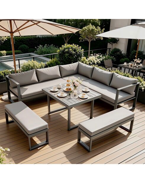 Salon de jardin 7/9 places Limone gris foncé avec canapé et 2 bancs - 4 pièces