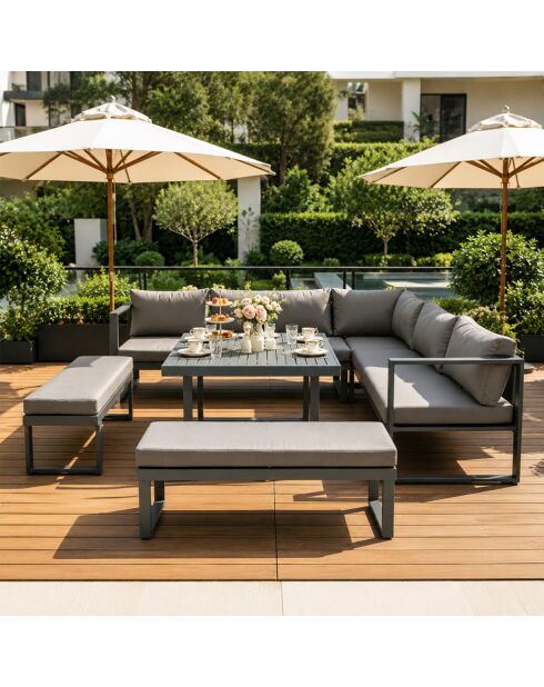 Salon de jardin 7/9 places Limone gris foncé avec canapé et 2 bancs - 4 pièces