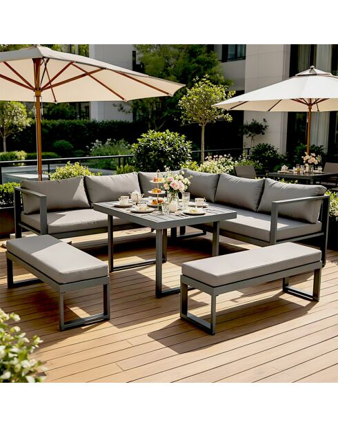 Salon de jardin 7/9 places Limone gris foncé avec canapé et 2 bancs - 4 pièces