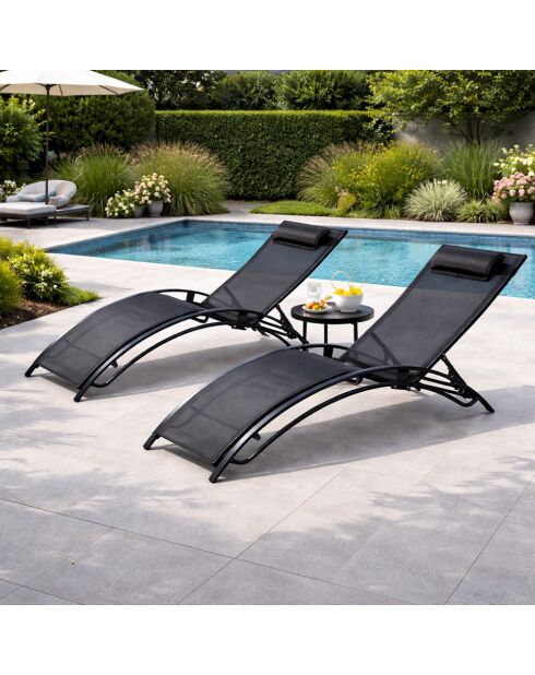 Lot de 2 transats ajustables Manado noir - 81x157x59 cm