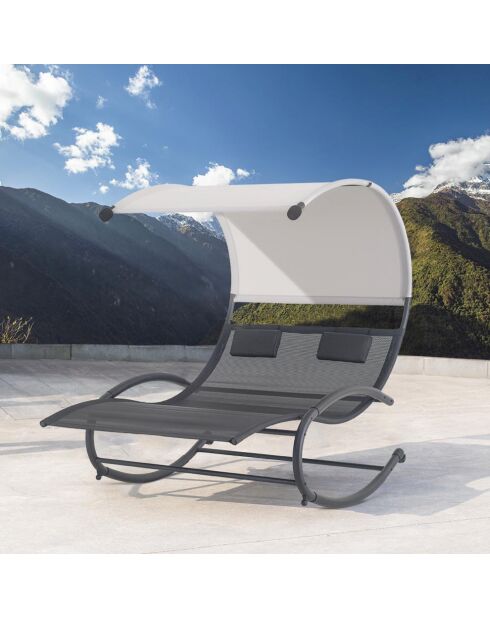 Transat double à bascule avec auvent Paleno noir et gris - 173x139x169 cm