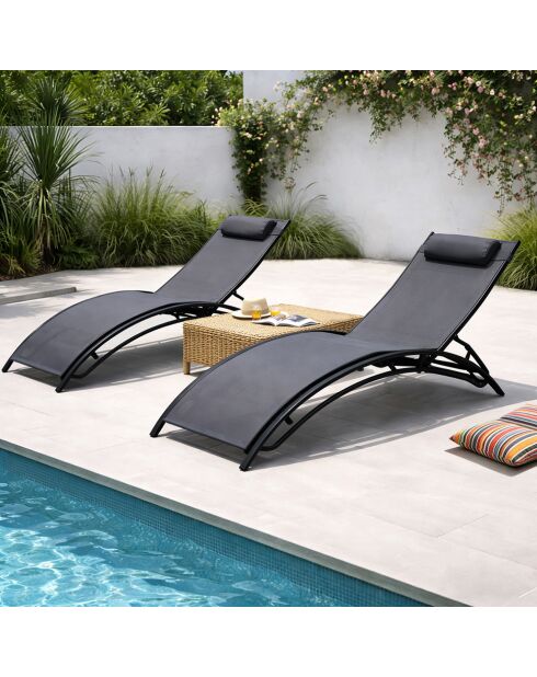 Lot de 2 transats ajustables Manado noir et gris - 81x157x59 cm