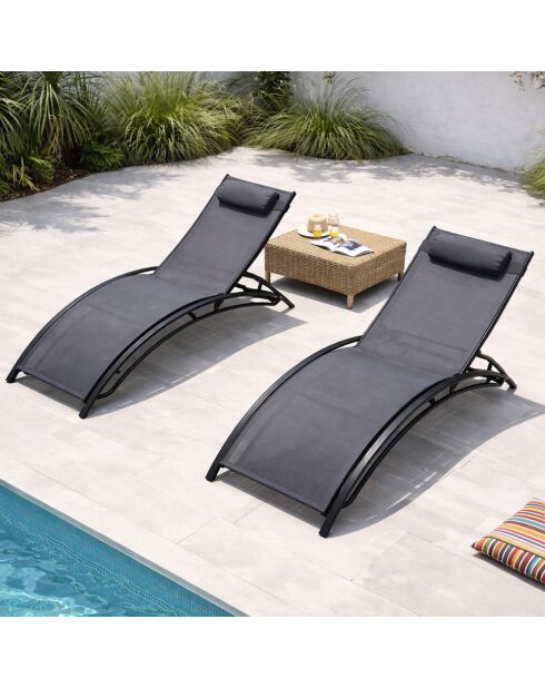 Lot de 2 transats ajustables Manado noir et gris - 81x157x59 cm