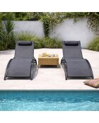Lot de 2 transats ajustables Manado noir et gris - 81x157x59 cm