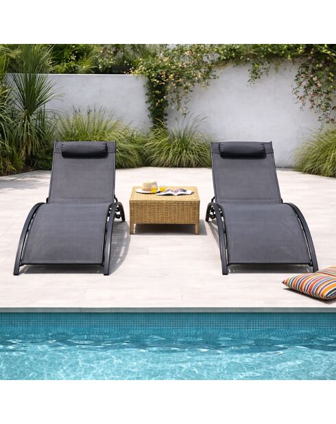 Lot de 2 transats ajustables Manado noir et gris - 81x157x59 cm