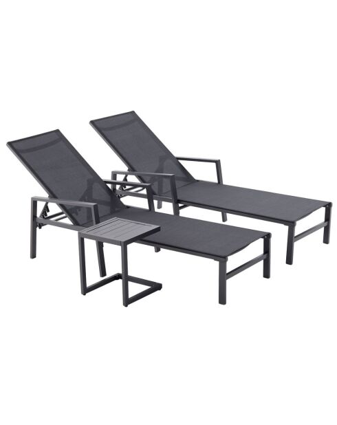 Lot de 2 transats et une table d'appoint Parivo noir - 3 pièces
