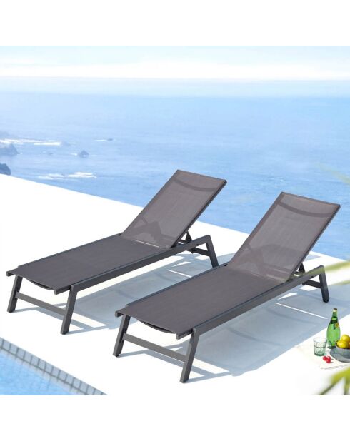 Lot de 2 transats avec roulettes Nelina gris foncé - 191x55x100 cm