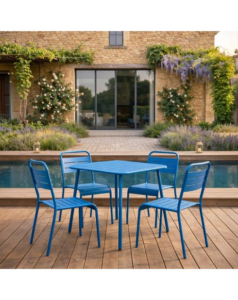 Ensemble table de jardin carrée et 4 chaises Falcou bleues - 5 pièces