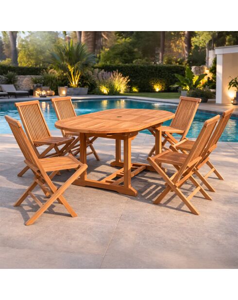 Table de jardin ovale et 6 chaises en teck Lireno marron - 7 pièces