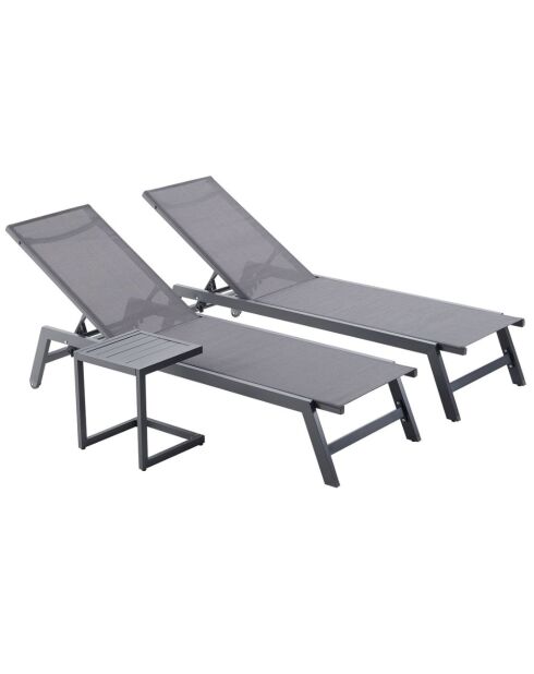 Lot de 2 transats et une table d'appoint Nelina gris et noir - 3 pièces