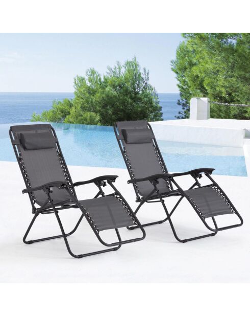 Lot de 2 transats inclinables Elaro noir et gris foncé - 160x65x110 cm