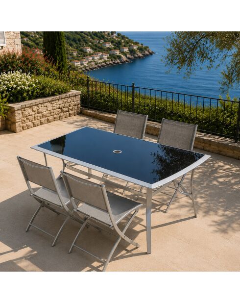 Ensemble de jardin avec table et lot de 4 chaises pliantes Velino gris - 5 pièces