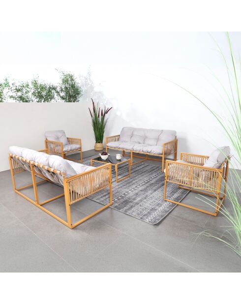 Salon de jardin 8 places effet rotin avec coussins gris clair Valencia gris - 5 pièces