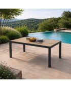200 cm großer Gartentisch aus Aluminium mit Tischplatte aus gehärtetem Glas mit Holzeffekt in Ferrara-Grauer Holzoptik — 205 x 100 x 75 cm
