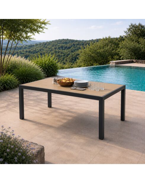 200 cm großer Gartentisch aus Aluminium mit Tischplatte aus gehärtetem Glas mit Holzeffekt in Ferrara-Grauer Holzoptik — 205 x 100 x 75 cm