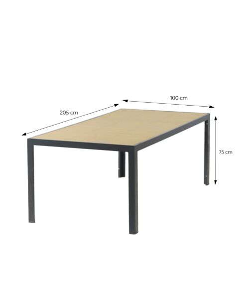 200 cm großer Gartentisch aus Aluminium mit Tischplatte aus gehärtetem Glas mit Holzeffekt in Ferrara-Grauer Holzoptik — 205 x 100 x 75 cm