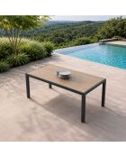 200 cm großer Gartentisch aus Aluminium mit Tischplatte aus gehärtetem Glas mit Holzeffekt in Ferrara-Grauer Holzoptik — 205 x 100 x 75 cm