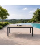 200 cm großer Gartentisch aus Aluminium mit Tischplatte aus gehärtetem Glas mit Holzeffekt in Ferrara-Grauer Holzoptik — 205 x 100 x 75 cm