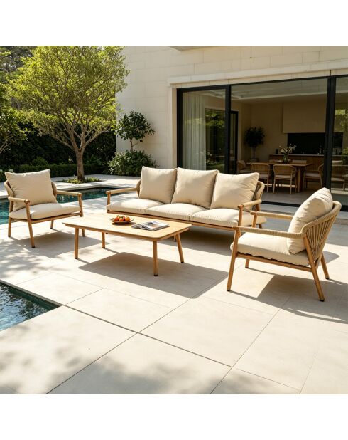 Salon de jardin 5 places effet bois et corde tressée avec table basse Seixal beige - 4 pièces