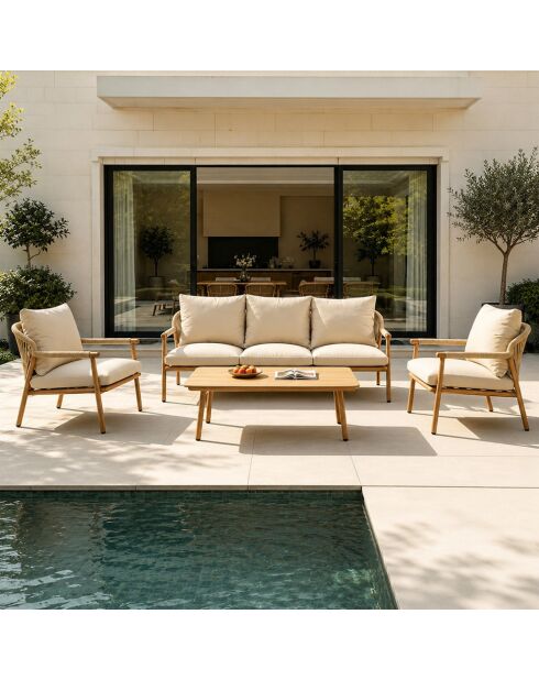 Salon de jardin 5 places effet bois et corde tressée avec table basse Seixal beige - 4 pièces