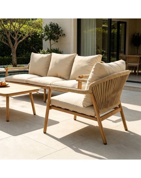 Salon de jardin 5 places effet bois et corde tressée avec table basse Seixal beige - 4 pièces