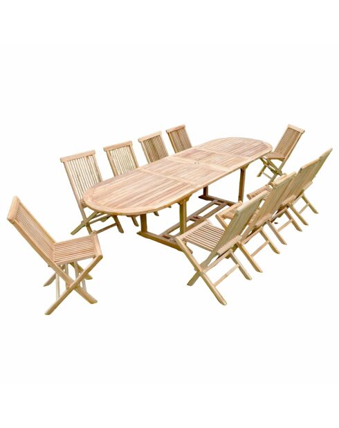 Salon de jardin en teck massif 10 à 12 places avec table ovale et 10 chaises Lireno marron - 11 pièces