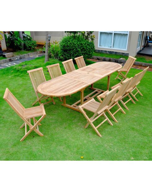 Salon de jardin en teck massif 10 à 12 places avec table ovale et 10 chaises Lireno marron - 11 pièces