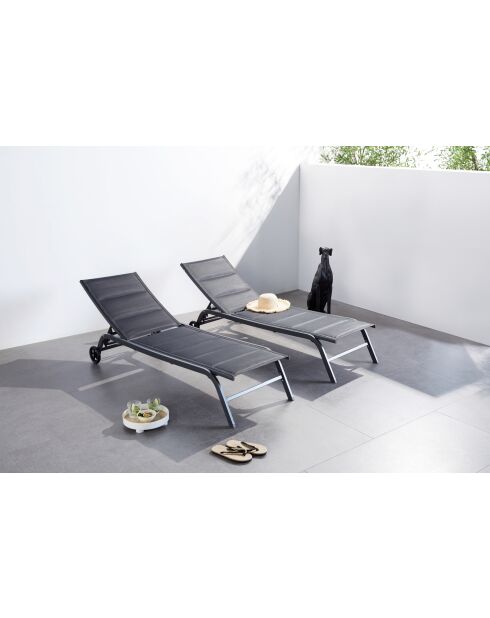 Lot de 2 transats en aluminium Livorno noir - 192x60x95 cm