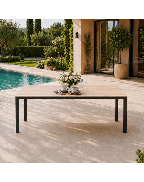 Gartentisch für 8 Personen mit brauner Platte aus gehärtetem Glas in Jindalee-Holzoptik — 96 x 14 x 78 cm