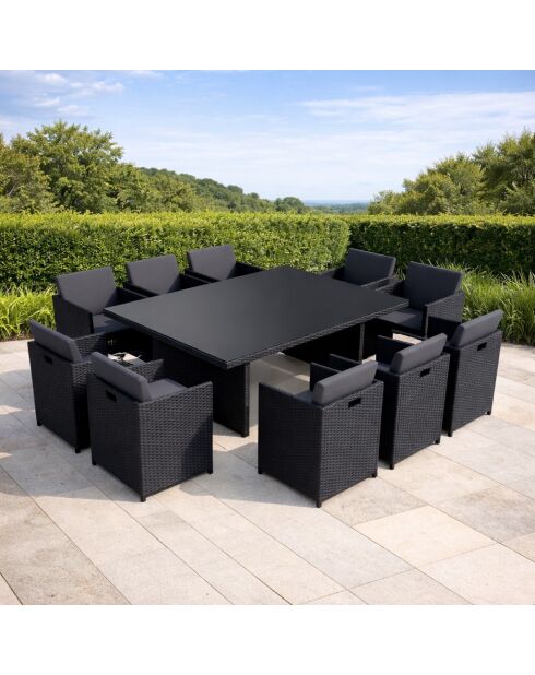 Salon de jardin 6 places Ervilo noir et gris avec housse de protection - 7 pièces