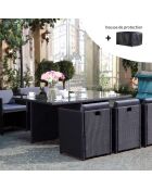 Salon de jardin 6 places Ervilo noir et gris avec housse de protection - 7 pièces