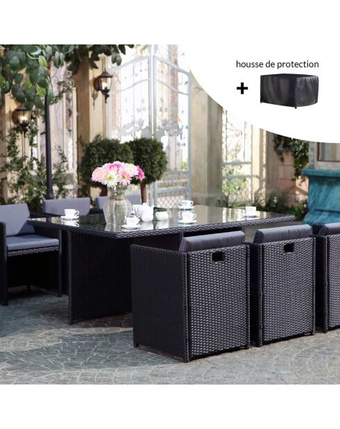 Salon de jardin 6 places Ervilo noir et gris avec housse de protection - 7 pièces