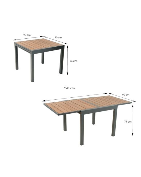 180 cm uitschuifbare tuintafel in aluminium en eucalyptushout Cay brown - 90x90x74 cm