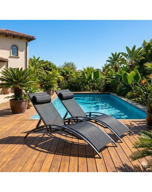 Lot de 2 transats empilables et ajustables en aluminium Ceylan noir - 66x179x30 cm