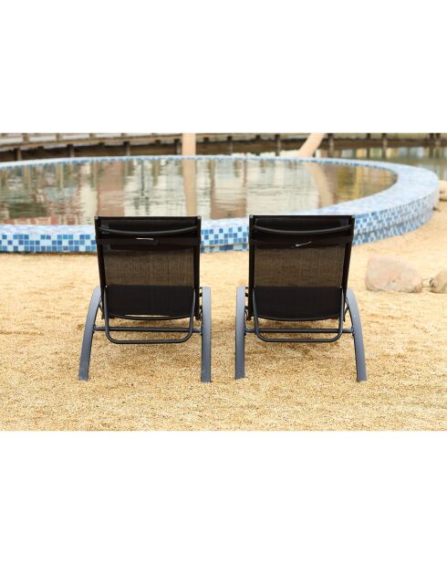 Lot de 2 transats empilables et ajustables en aluminium Ceylan noir - 66x179x30 cm