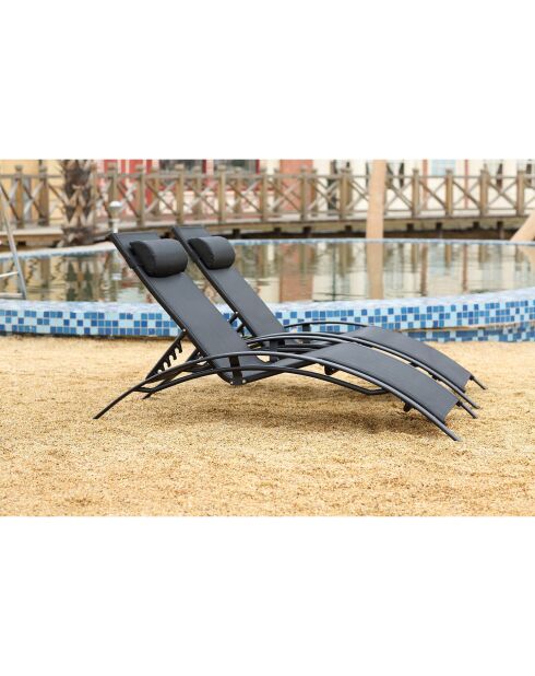 Lot de 2 transats empilables et ajustables en aluminium Ceylan noir - 66x179x30 cm
