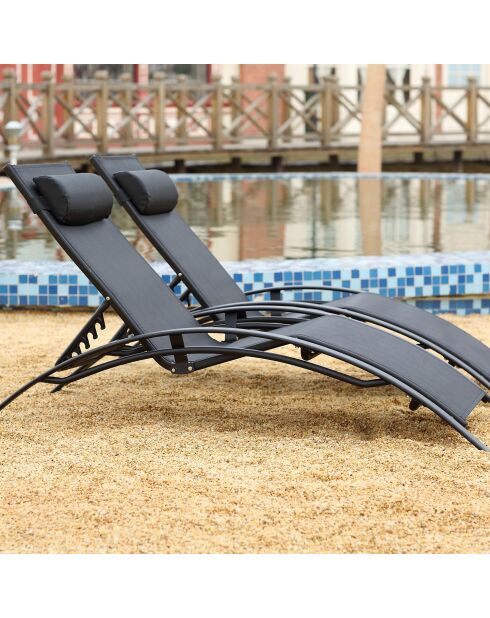 Lot de 2 transats empilables et ajustables en aluminium Ceylan noir - 66x179x30 cm