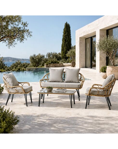 Salon de jardin 4 places avec table basse effet rotin Verona naturel - 4 pièces