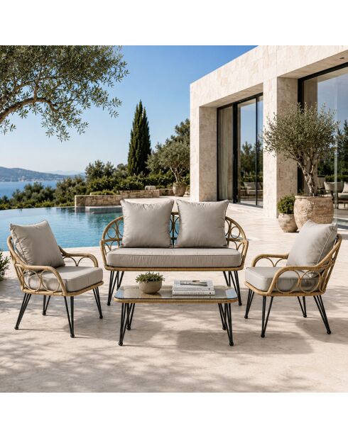 Salon de jardin 4 places avec table basse effet rotin Verona naturel - 4 pièces
